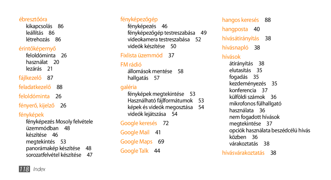 Samsung GT-I5500YKAPRT, GT-I5500YKACOS manual Feloldóminta 26 használat 20 lezárás , Állomások mentése 58 hallgatás  